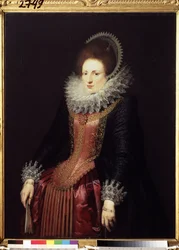 ""Portrét dámy s vějířem" (Portrét dámy s vějířem) bohatá dáma s volánem a vyšívanými šaty. Obraz vlámské školy kolem roku 1610. Puškinovo muzeum, Moskva