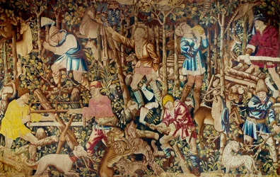 Scény sklizně a dřevorubce. Tapiserie vlámské školy. Tournai. Paříž 15. století, dekorativní umění