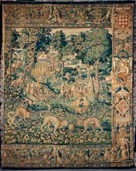 Gobelín. Enghien. Text „NADĚJE ZVÍTÍ CROY 1589“.