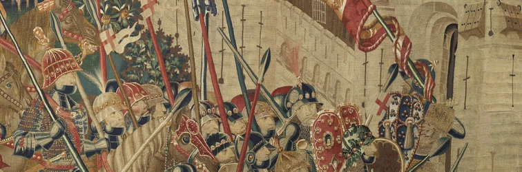 Tapiserie zobrazující dobytí krále Alfonsa V. Portugalska (Conquistas de Alfonso V de Portugal), Tournai. Detail. (Vlna a hedvábí)