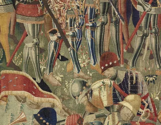 Tapiserie zobrazující dobytí krále Alfonsa V. Portugalska (Conquistas de Alfonso V de Portugal), Tournai. Detail. (Vlna a hedvábí)