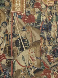 Tapiserie zobrazující dobytí krále Alfonsa V. Portugalska (Conquistas de Alfonso V de Portugal), Tournai. Detail. (Vlna a hedvábí)