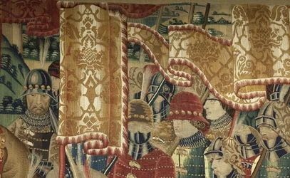 Tapiserie zobrazující dobytí krále Alfonsa V. Portugalska (Conquistas de Alfonso V de Portugal), Tournai. Detail. (Vlna a hedvábí)