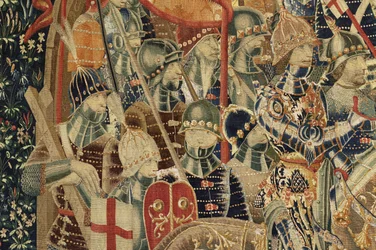 Tapiserie zobrazující dobytí krále Alfonsa V. Portugalska (Conquistas de Alfonso V de Portugal), Tournai. Detail. (Vlna a hedvábí)