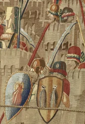 Tapiserie zobrazující dobytí krále Alfonsa V. Portugalska (Conquistas de Alfonso V de Portugal), Tournai. Detail. (Vlna a hedvábí)
