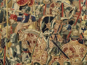Tapiserie zobrazující dobytí krále Alfonsa V. Portugalska (Conquistas de Alfonso V de Portugal), Tournai. Detail. (Vlna a hedvábí)