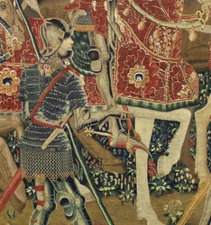 Tapiserie zobrazující dobytí krále Alfonsa V. Portugalska (Conquistas de Alfonso V de Portugal), Tournai. Detail. (Vlna a hedvábí)