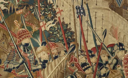 Tapiserie zobrazující dobytí krále Alfonsa V. Portugalska (Conquistas de Alfonso V de Portugal), Tournai. Detail. (Vlna a hedvábí)