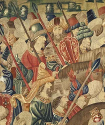 Tapiserie zobrazující dobytí krále Alfonsa V. Portugalska (Conquistas de Alfonso V de Portugal), Tournai. Detail. (Vlna a hedvábí)