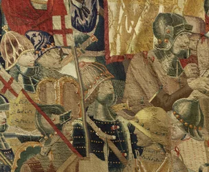 Tapiserie zobrazující dobytí krále Alfonsa V. Portugalska (Conquistas de Alfonso V de Portugal), Tournai. Detail. (Vlna a hedvábí)