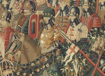 Tapiserie zobrazující dobytí krále Alfonsa V. Portugalska (Conquistas de Alfonso V de Portugal), Tournai. Detail. (Vlna a hedvábí)