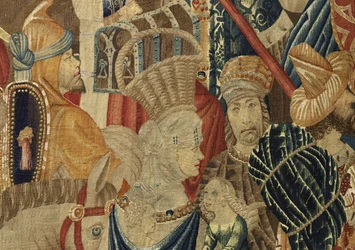 Tapiserie zobrazující dobytí krále Alfonsa V. Portugalska (Conquistas de Alfonso V de Portugal), Tournai. Detail. (Vlna a hedvábí)