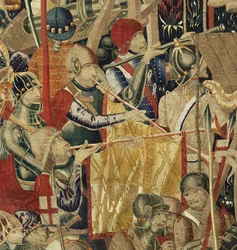 Tapiserie zobrazující dobytí krále Alfonsa V. Portugalska (Conquistas de Alfonso V de Portugal), Tournai. Detail. (Vlna a hedvábí)