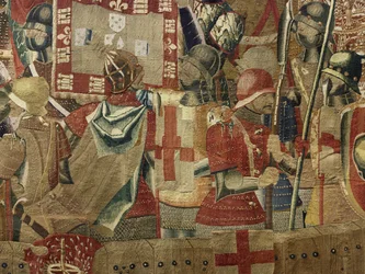 Tapiserie zobrazující dobytí krále Alfonsa V. Portugalska (Conquistas de Alfonso V de Portugal), Tournai. Detail. (Vlna a hedvábí)