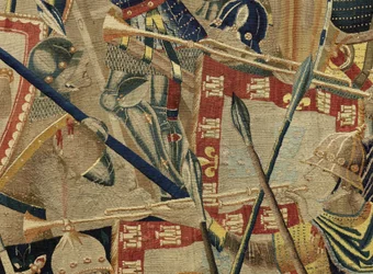 Tapiserie zobrazující dobytí krále Alfonsa V. Portugalska (Conquistas de Alfonso V de Portugal), Tournai. Detail. (Vlna a hedvábí)