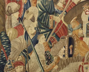 Tapiserie zobrazující dobytí krále Alfonsa V. Portugalska (Conquistas de Alfonso V de Portugal), Tournai. Detail. (Vlna a hedvábí)