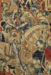 Tapiserie zobrazující dobytí krále Alfonsa V. Portugalska (Conquistas de Alfonso V de Portugal), Tournai. Detail. (Vlna a hedvábí)