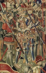 Tapiserie zobrazující dobytí krále Alfonsa V. Portugalska (Conquistas de Alfonso V de Portugal), Tournai. Detail. (Vlna a hedvábí)