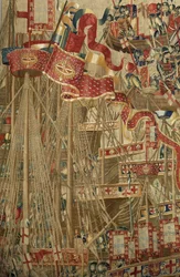 Tapiserie zobrazující dobytí krále Alfonsa V. Portugalska (Conquistas de Alfonso V de Portugal), Tournai. Detail. (Vlna a hedvábí)