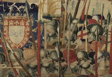 Tapiserie zobrazující dobytí krále Alfonsa V. Portugalska (Conquistas de Alfonso V de Portugal), Tournai. Detail. (Vlna a hedvábí)