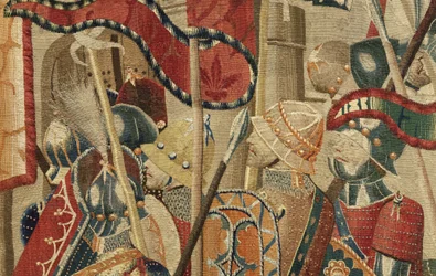 Tapiserie zobrazující dobytí krále Alfonsa V. Portugalska (Conquistas de Alfonso V de Portugal), Tournai. Detail. (Vlna a hedvábí)