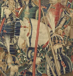 Tapiserie zobrazující dobytí krále Alfonsa V. Portugalska (Conquistas de Alfonso V de Portugal), Tournai. Detail. (Vlna a hedvábí)
