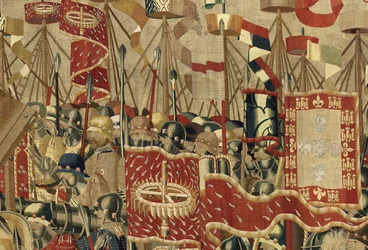 Tapiserie zobrazující dobytí krále Alfonsa V. Portugalska (Conquistas de Alfonso V de Portugal), Tournai. Detail. (Vlna a hedvábí)