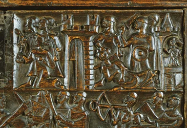Truhla Courtrai zobrazující vlámské pěšáky porážející francouzskou jízdu (dřevo) (detail)