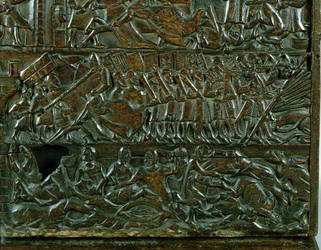 Truhla Courtrai zobrazující vlámskou linii bitvy během bitvy o Zlaté ostruhy, vybojovaná u Courtrai v roce 1302 (dřevo) (detail)
