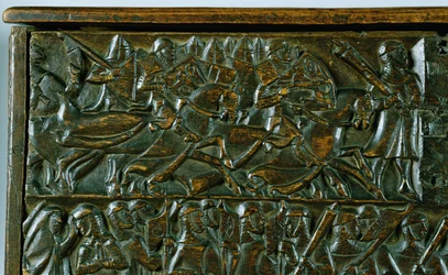 Truhla Courtrai zobrazující dvě scény z bitvy o Zlaté ostruhy vybojované v Courtrai v roce 1302 (dřevo) (detail)