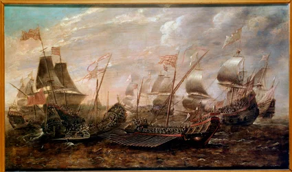 Neporazitelná Armada. Námořní bitva, v níž byla španělská Armada poražena anglickým loďstvem v srpnu 1588, vlámská škola