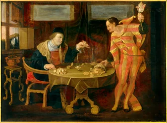 Prodej tulipánových cibulek. Malba vlámské školy 17. století. 0,54 x 0,74 m, Rennes, Muzeum výtvarného umění