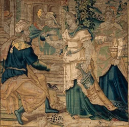 Univerzitní sbírky. Vlámský gobelín. Jetrovy dcery vyprávějí otci o setkání s Mojžíšem. Detail. Oudenaarde. Cca 1550.