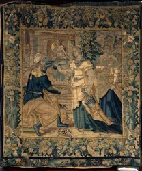 Univerzitní sbírky. Vlámský gobelín. Jetrovy dcery vyprávějí otci o setkání s Mojžíšem. Oudenaarde. Cca 1550.
