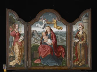 Triptych S Pannou a Dítětem, Svatou Barborou a Svatou Kateřinou (olej na dřevě)