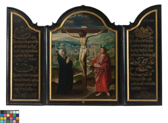 Triptych s ukřižováním a texty (olej na desce)