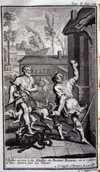 Ulysses dorazí do domu pastora Eumeeho, nebo ho mohou oddat psi. Ilustrace ke knize XIV de l
