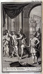 Ulysses druhý od Telemaque a dva jejich pastýři rozpustili všechny pronásledovatele. Lustrace pro XXII knihu Odyssea z Homera, v Odyssee, vydané v Amsterdamu v roce 1731, Collection privee Milan.