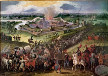 Válka proti Nizozemsku: “” Pohled na město Ardres””: Město se roku 1596 zmocnil arcivévoda Albert Rakouský. Obraz Vlámské školy 17. století. Real Monasterio de El Escorial, El Escorial, Španělsko - Válka proti Nizozemsku: Pohled na