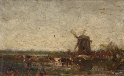 Holandsko, mlýn, asi 1853 (olej na papíře na plátně)