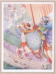 Kapitán odcválal na hrad na vrcholu kopce (barevná litografie).