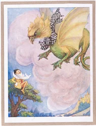 Gryf uviděl žlutého mužíčka sedícího na vrcholku stromu (barevná litografie).