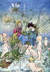 Žena-vážka (víla) a elf obklopený dětmi - v „My Fairyland““ od Fiony Malcom, nemocné. Florence Andersonová