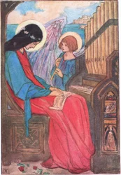 Nebo v čistém městě na břehu moře obehnaném hradbami (Palác umění) (barevná litografie)