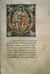 Osvětlená stránka s Kristem ve majestátu a symboly evangelistů (Cod. Calci, ms. 36, asi 120)