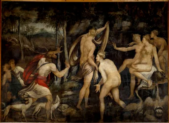 Diana (Artemis), bohyně lovu, a Aktaión, lovec. Malba školy z Fontainebleau (16. století). Rozměry 2,65 x 3,67 m