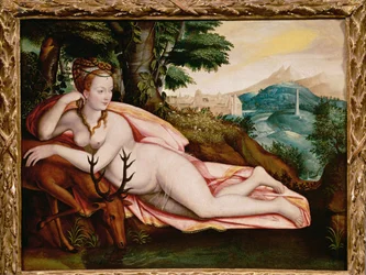 Diana z Poitiers, milenka francouzského krále Jindřicha II., jako bohyně Diana (malba na plátně)