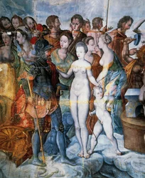 Jindřich II a Diane de Poitiers, fresky ve zlacené věži Ligue, škola Fontainebleau, hrad Tanlay (16.-17. století), Burgundsko, Francie