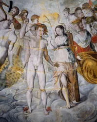 Merkur, posel bohů a Psyché, Janus vpravo, fresky v pozlacené věži Ligue, škola Fontainebleau, hrad Tanlay (16.-17. století), Burgundsko, Francie