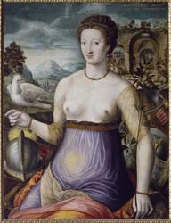 Alegorie Míru aneb Diana z Poitiers držící holubici. Portrét vévodkyně z Valentinois Diany z Poitiers (1499-1566), favoritky francouzského krále Jindřicha II. 16. století. Florencie, Museo Nazionale del Bargello